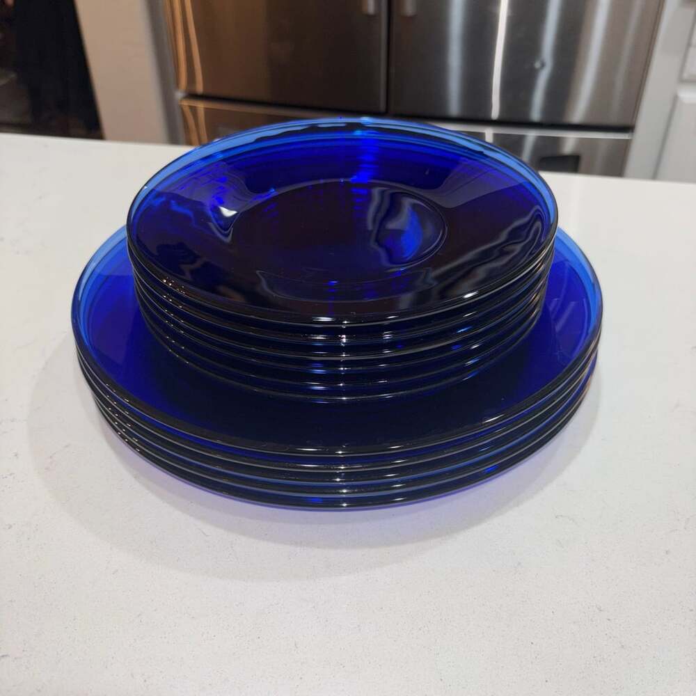Vintage Cobalt Blue Glass Plate Set l 5 Dinner and 6 Salad Plates